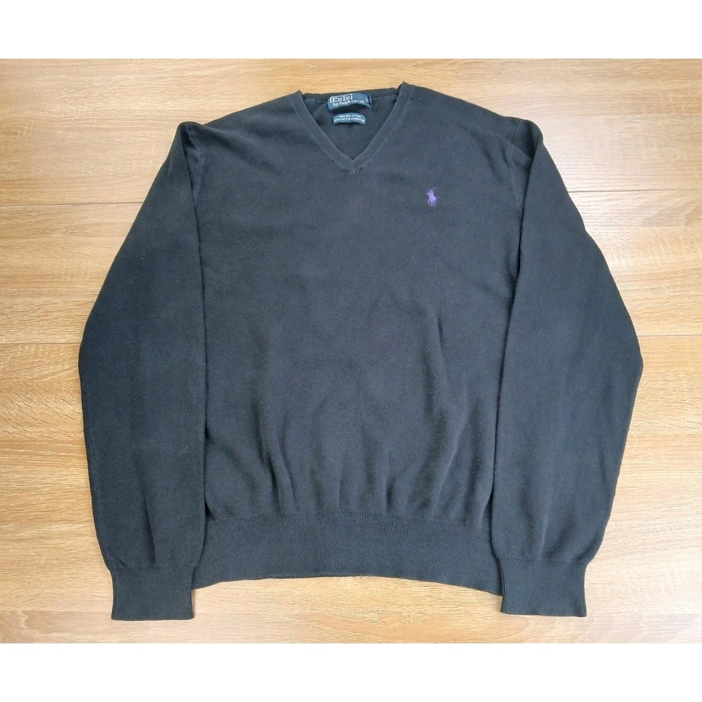 Polo Ralph Lauren Men Black Pima Cotton V-Neck Sweater Pullover Logo Size Medium